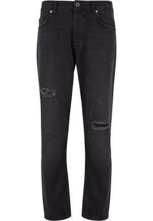 Sorte denim jeans med lige pasform, der har slidte områder og synlige knærevner. Klassisk fem-lomme-design med kontrasterende syninger.