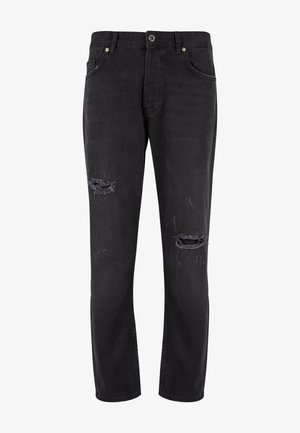 Jeans negri din denim cu croi drept, care prezintă zone deteriorate și rupturi vizibile la genunchi. Design clasic cu cinci buzunare, cu cusături contrastante.