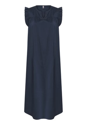 Mørkeblå kjole, knælang, lavet af et ensfarvet stof. Har flæseærmer og en V-udskæring med en løs, afslappet pasform.