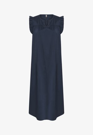 Tumed sinine kleit, põlvepikkune, valmistatud tugevast kangast. Omab volangidega õlavarreosi ja V-kaelust ning on laia, vabalt langeva lõikega.