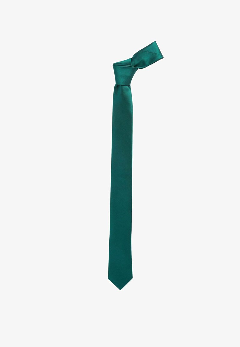 Teal silk tie with a smooth texture, featuring a classic design and pointed tip, wrapped in a knot at the top.