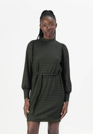 Robe vert foncé avec un motif texturé, encolure haute, manches bouffantes longues et ceinture nouée à la taille. Tissu lisse avec une coupe ajustée.