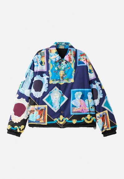 Padded jacket with a vibrant, intricate graphic design featuring classical art motifs on a dark blue background. Black elastic cuffs and hem.