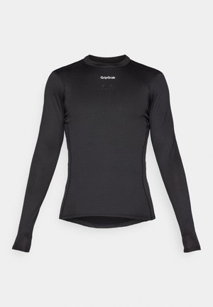 Zwarte long-sleeve basislaag top met een roostertextuur, ronde halslijn en GripGrab-logo op de borst. Licht getailleerde pasvorm met zoom.