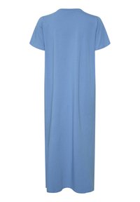 Sininen maxi-mekko, jossa on lyhyet hihat, pyöreä kaula-aukko ja rento malli. Tasainen texture, ilman kuvioita tai koristeita.