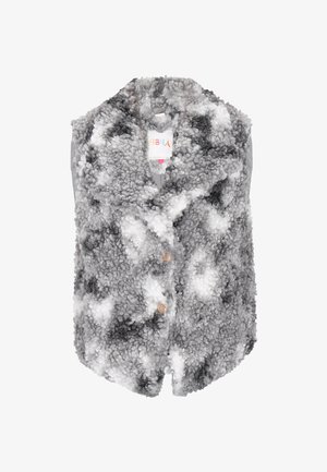 Srajca brez rokavov iz mehkega in puhastega materiala z sivo-belo vzorcem. Ima ovratnik in dva dekorativna gumbka spredaj.