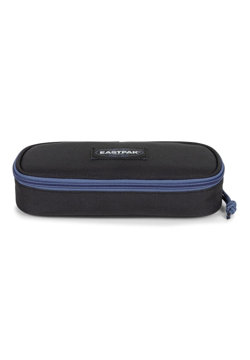 Black Eastpak pencil case with a blue zipper, rectangular shape, fabric texture, and a front logo patch. Robust design for storage.