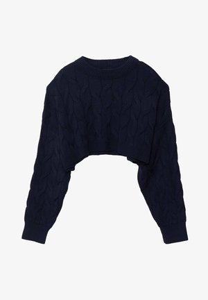 Granatowy, krótki sweter w warkocze z długimi rękawami oraz prążkowanym okrągłym dekoltem i mankietami.