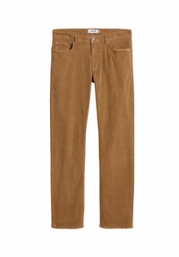 Khaki fløjl bukser med lige pasform, der har et klassisk fem-lomme design og en tekstureret overflade, lavet af blødt bomuldsmateriale.