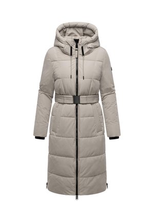 Padded long coat in light beige with a zip front, belted waist, and adjustable hood. Features black accents and quilted texture.