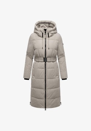 Padded long coat in light beige with a zip front, belted waist, and adjustable hood. Features black accents and quilted texture.
