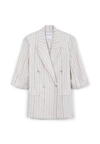Blazer croisé beige clair avec des rayures verticales grises. Il possède de larges revers, des manches courtes et deux poches avant.