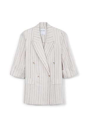 Blazer doppiopetto in beige chiaro con righe verticali grigie. Caratterizzato da ampie rever, maniche corte e due tasche frontali.