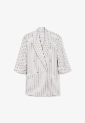 Blazer doppiopetto in beige chiaro con righe verticali grigie. Caratterizzato da ampie rever, maniche corte e due tasche frontali.