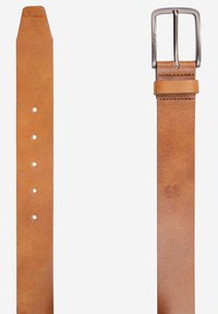 Tan leather belt with a smooth texture, featuring five adjustable holes and a silver metal buckle. Clean edge design, no additional accents.