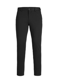 Zwarte broek met een slim fit, gemaakt van een gladde stof. Voorzien van een knoopsluiting en standaardzakken aan de voor- en achterkant.