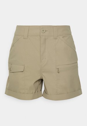 Pantaloni cargo color khaki con chiusura a bottone, orli risvoltati, molteplici tasche e tasca laterale con zip. Realizzati in un tessuto leggero e durevole.