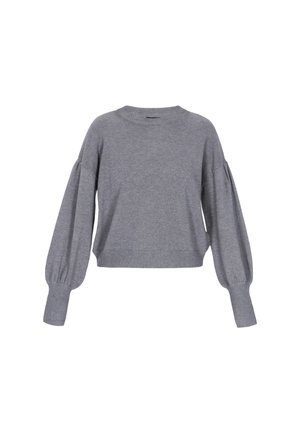Pull en laine gris avec un col rond, des manches longues bouffantes et des poignets côtelés. Fabriqué en tissu doux et texturé avec un design court.