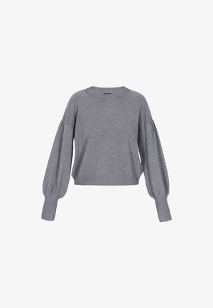 Pull en laine gris avec un col rond, des manches longues bouffantes et des poignets côtelés. Fabriqué en tissu doux et texturé avec un design court.