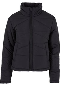 Černá izolační puffer bunda s vysokým límcem, zipovým zapínáním, prošívaným designem a elastickými manžetami. Krátká cropped délka.