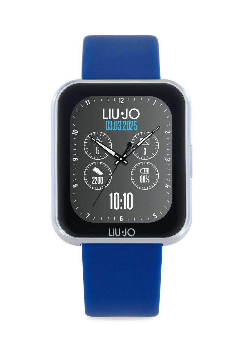 Vierkant smartwatch met een blauwe silicone band, een helder plastic frame en een grijze digitale display die datum en statistieken toont. Beschikt over geborstelde accenten.