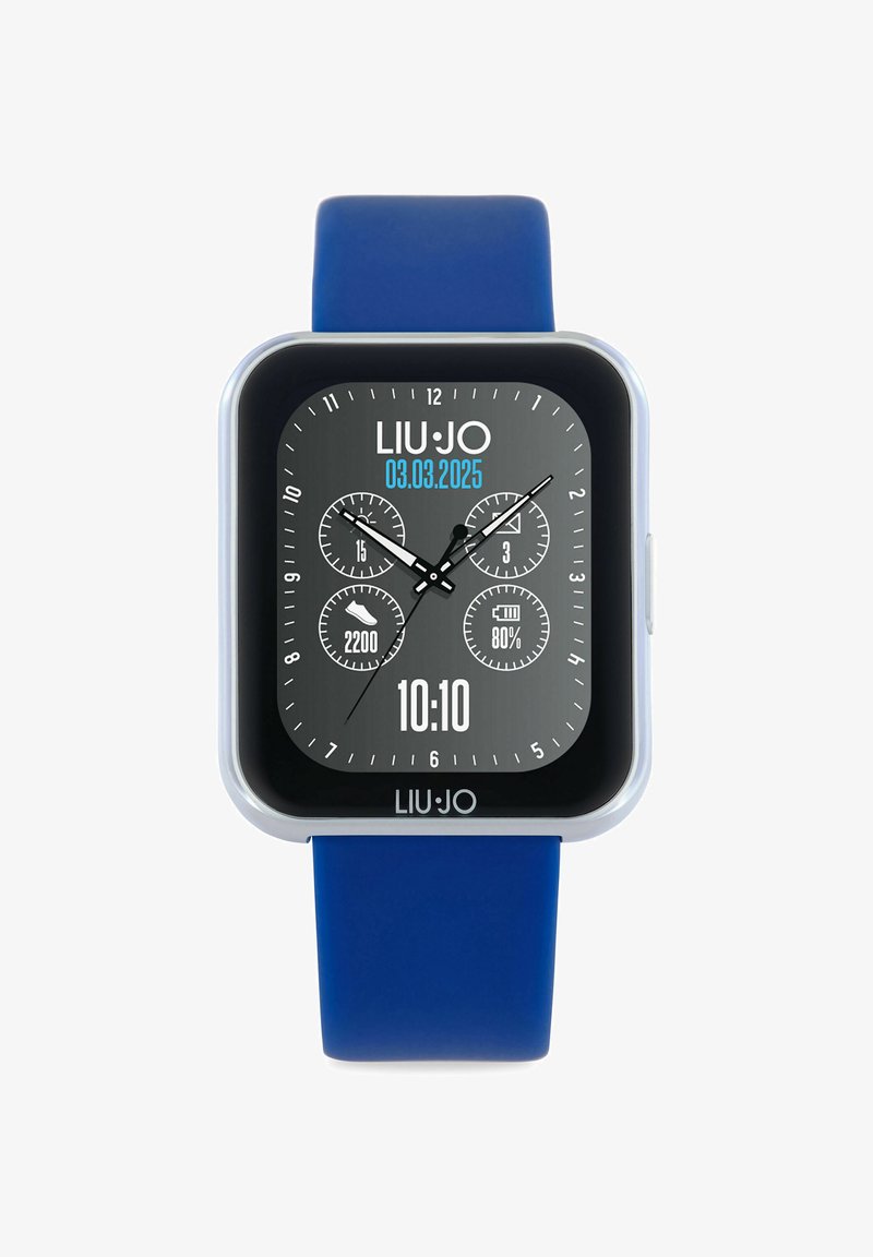 Vierkant smartwatch met een blauwe silicone band, een helder plastic frame en een grijze digitale display die datum en statistieken toont. Beschikt over geborstelde accenten.