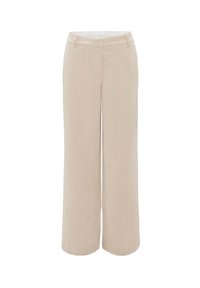 Beige corduroy wide-leg trousers with a textured surface, featuring a smooth waistband and vertical ribbed pattern across the fabric.