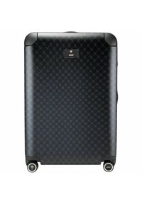 Schwarzer Hartschalenkoffer mit strukturierter Oberfläche und geometrischem Muster, akzentuiert durch ein Logo und vier Rollen für Mobilität.