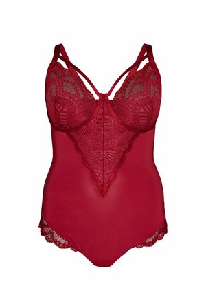 Lencería de una pieza en encaje rojo y malla con copas con aro y tirantes decorativos sobre fondo blanco.