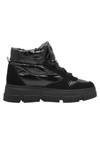 Bottines noires avec une finition en vernis brillant et des accents en daim. Semelle en caoutchouc épaisse avec un motif texturé et un design à lacets.