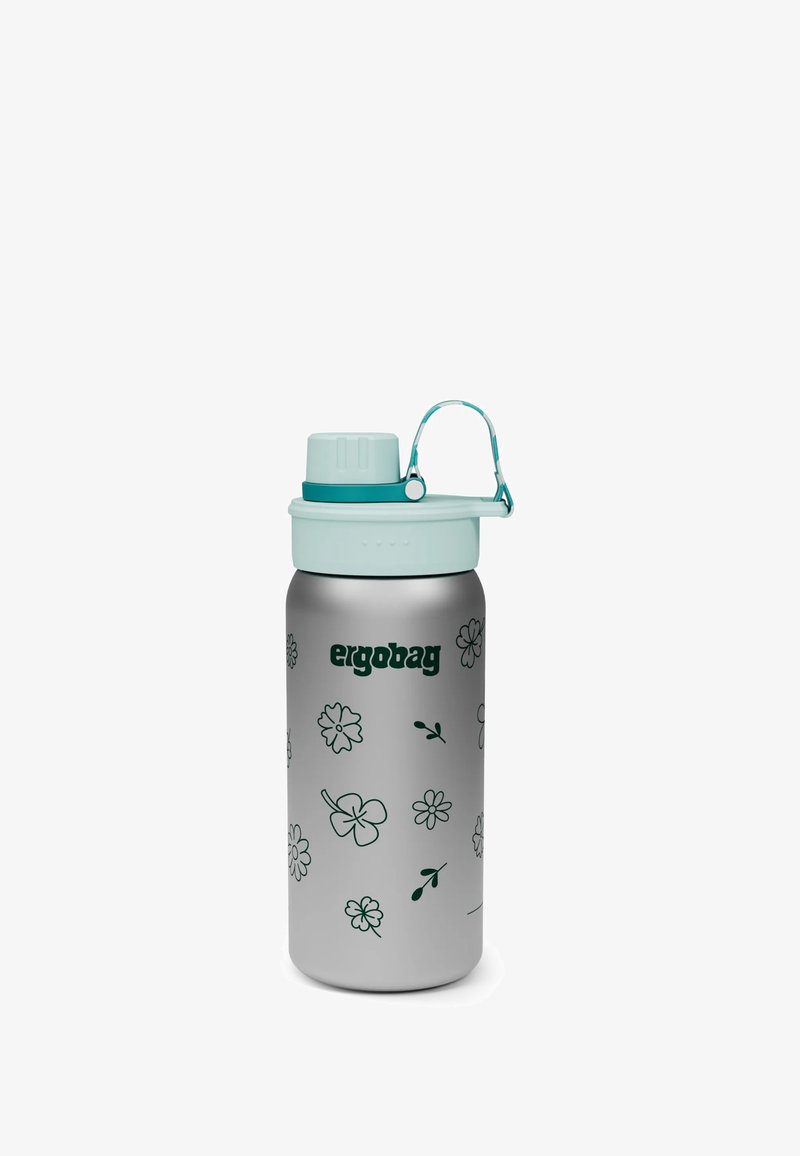 Wasserflasche aus Edelstahl mit mintgrünem Deckel und Griff, verziert mit einem floralen Design in Dunkelgrün, mit dem Markennamen "ergobag."