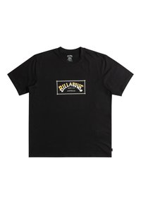 Black cotton t-shirt with a crew neckline, featuring a rectangular graphic in white and yellow text reading "BILLABONG AUSTRALIA."