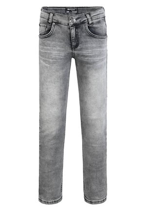 Grå denimjeans med lige snit, med forlommer, knaplukning og subtil falming i stoffet.