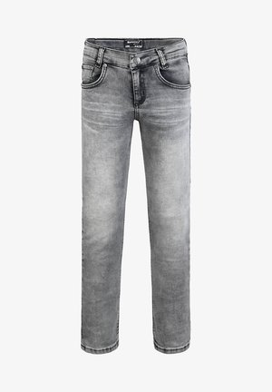 Szare jeansy z denimu o prostym kroju, posiadające przednie kieszenie, zapięcie na guzik oraz delikatne przetarcia na materiale.