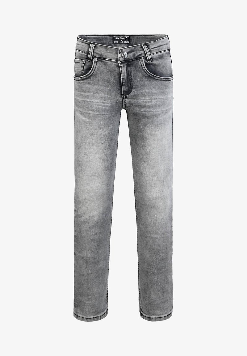 Jean en denim gris à coupe droite, avec poches avant, fermeture par bouton et légère décoloration du tissu.