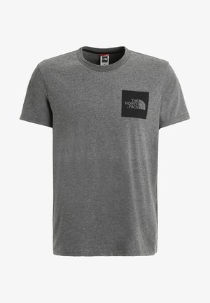 Harmaa lyhythihainen pyöreäkauluksinen T-paita, jossa vasemmassa rinnassa musta neliön mallinen "The North Face" -logoplaketti.