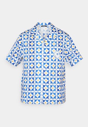Short-sleeve shirt featuring a blue, white, and yellow geometric pattern with circular and diamond shapes and a small logo patch on the chest.