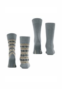Graue Socken mit einem gerippten Saum und dekorativem Musterdesign in Beige und Schwarz. Aus weichem Material gefertigt, geeignet für den Alltag.