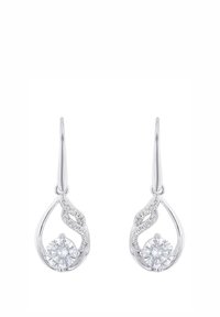 Silverfärgade hängande örhängen med vriden design prydda med små kristaller, med en stor rund transparent ädelsten i varje örhänge.