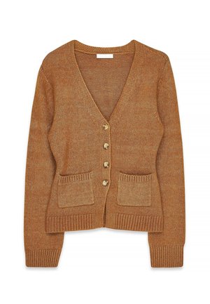 Cardigan en tricot marron avec un col en V, fermeture à cinq boutons, deux poches avant et des poignets et un ourlet côtelés. Texture douce avec un motif subtil.