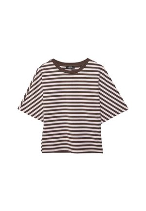 T-shirt court à manches courtes, rayé horizontalement en marron et blanc, avec un col rond, sur fond blanc.