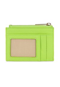 Portefeuille en cuir vert avec une fermeture éclair sur le dessus, une fenêtre transparente pour l'identité, trois emplacements pour cartes et une texture lisse.