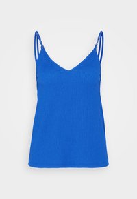 Modrý žebrovaný top s výstřihem do V a tenkými, copánkovými ramínky. Tkanina má jemnou texturu a přiléhavý střih, vhodný pro běžné nošení.