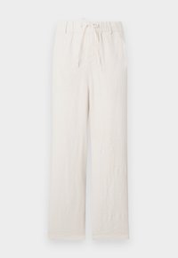 Pantalones de lino beige claros con cinturilla elástica, cordón, corte de pierna ancha, textura suave y sin patrones o hardware visibles.