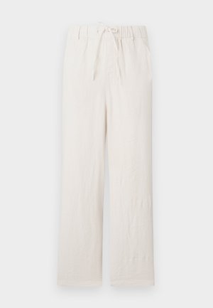 Pantaloni in lino beige chiaro con elastico in vita, cordoncino, taglio ampio, superficie liscia e senza modelli o accessori visibili.