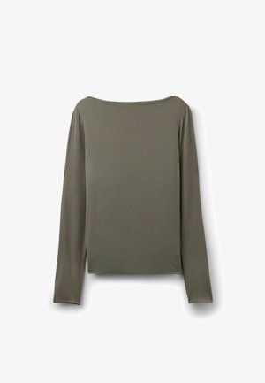 Long-sleeve, olive green boat-neck fitted top with a smooth texture, displayed flat against a white background.