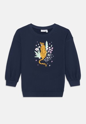 Dunkelblaues Sweatshirt mit langen puffigen Ärmeln, das auf der Vorderseite ein buntes Leoparden- und Blumenmotiv zeigt. Hergestellt aus weichem Baumwollmaterial.