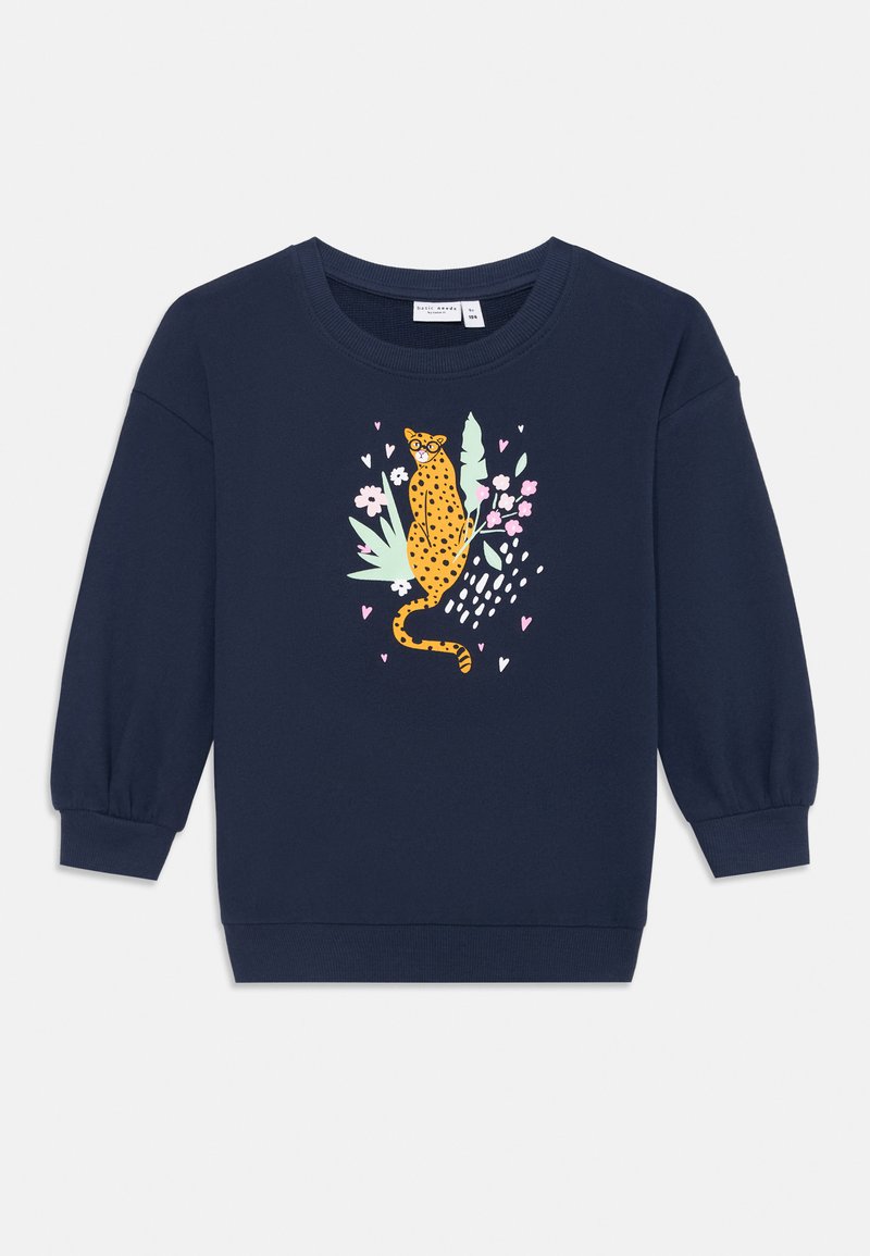 Sweatshirt blu navy con maniche lunghe e voluminose, presenta una grafica colorata di leopardo e fiori sul davanti. Realizzato in morbido cotone.