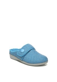 Blauwe vilten slippers met een gestikt ontwerp, zachte nepbont voering en een brede verstelbare band met een ronde knoopaccent.