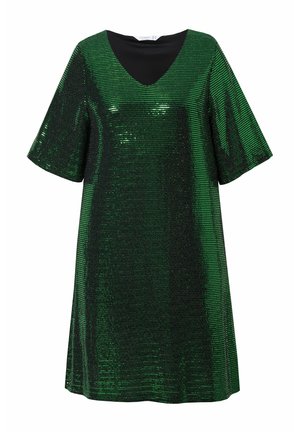 Groene paillettenjurk met een V-hals en korte mouwen, met een losse pasvorm en een gestructureerd oppervlak dat licht weerkaatst.